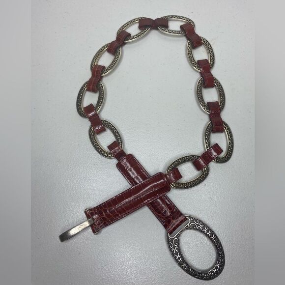 Brighton VTG Burgundy Croc embossed belt with Oval Silver Links Size S-L Boho main image 8